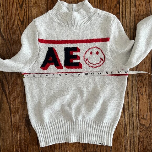 American Eagle x Smiley Collab Mock Neck Gray Knit Sweater Light Grey Women XS - Picture 4 of 7